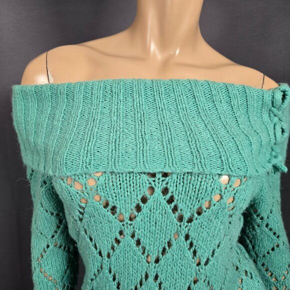 Y2K Groggy Off Shoulder Sweater Size S Green Long Sleeve Fairy Boho Wool Blend - Picture 4 of 9